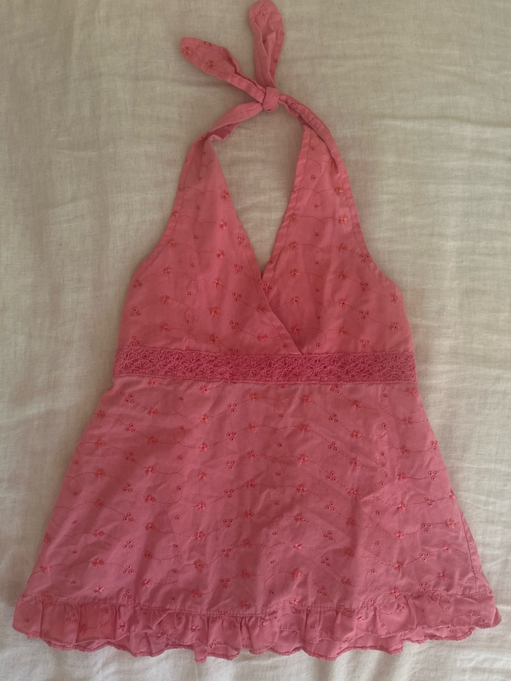 Y2K pink halter top with floral embroidery